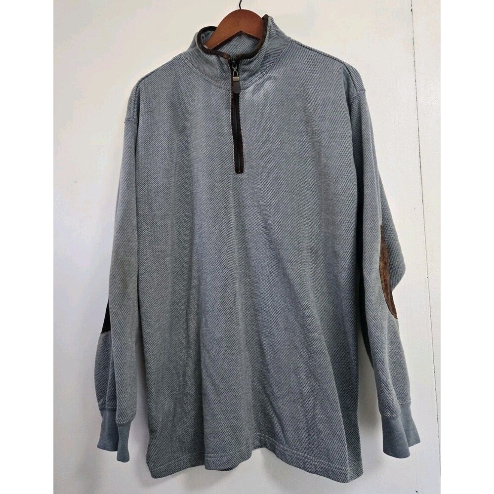 Orvis Sweater‎ Mens Large Pullover 1/4 Zip Blue Grey Leather Elbow Pads Preppy
